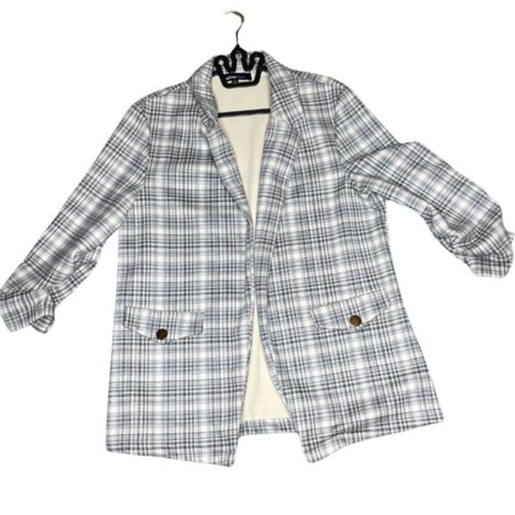 ALICE BLUE Women's Plaid Gray Light Academia Blazer Jacket Ruched Sleeve Sz XL - Picture 4 of 8